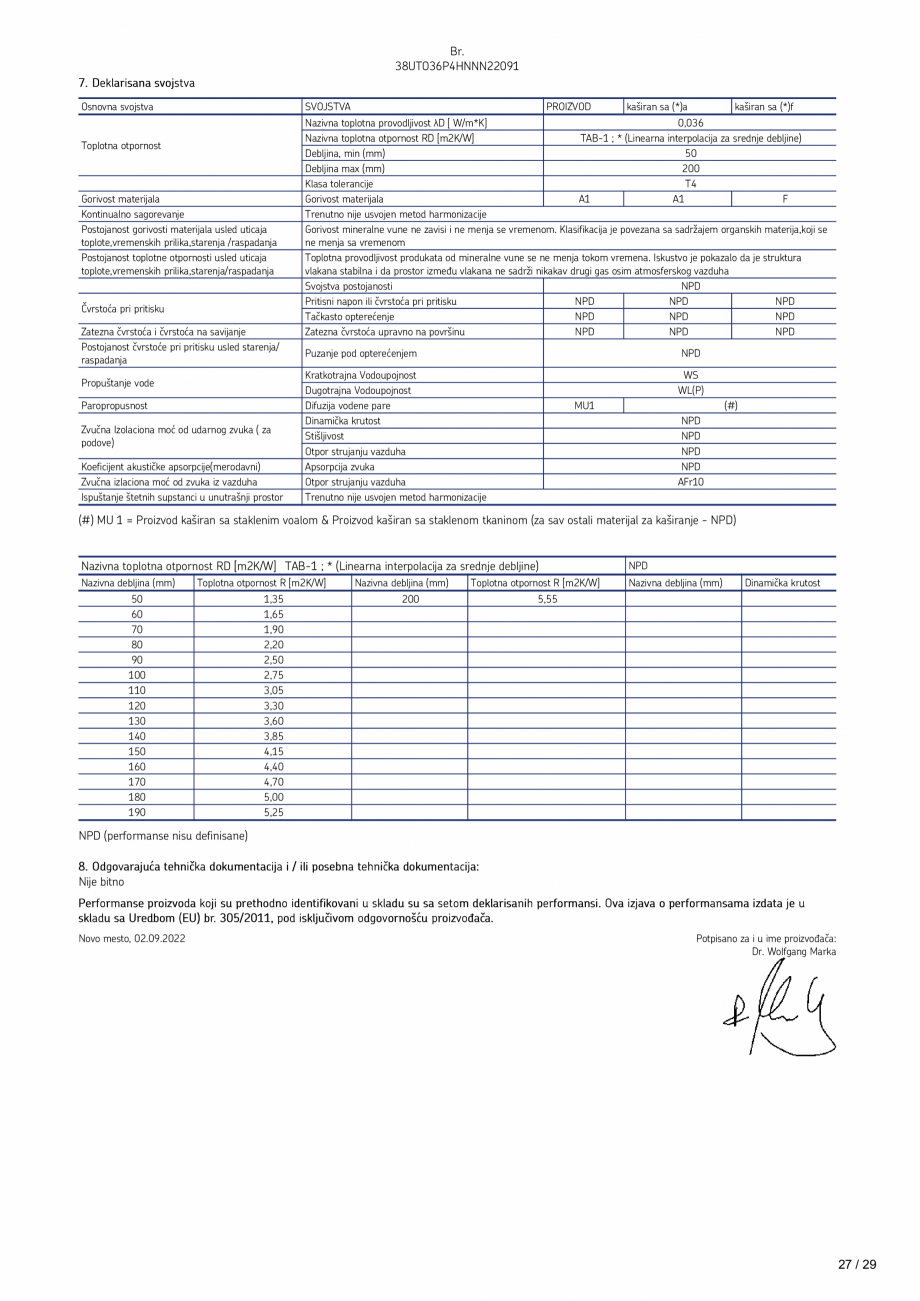 Pagina 27 - Declaratie de performanta URSA TECTONIC UPh/Vv Certificare produs Romana P)-MU1-AFr10...