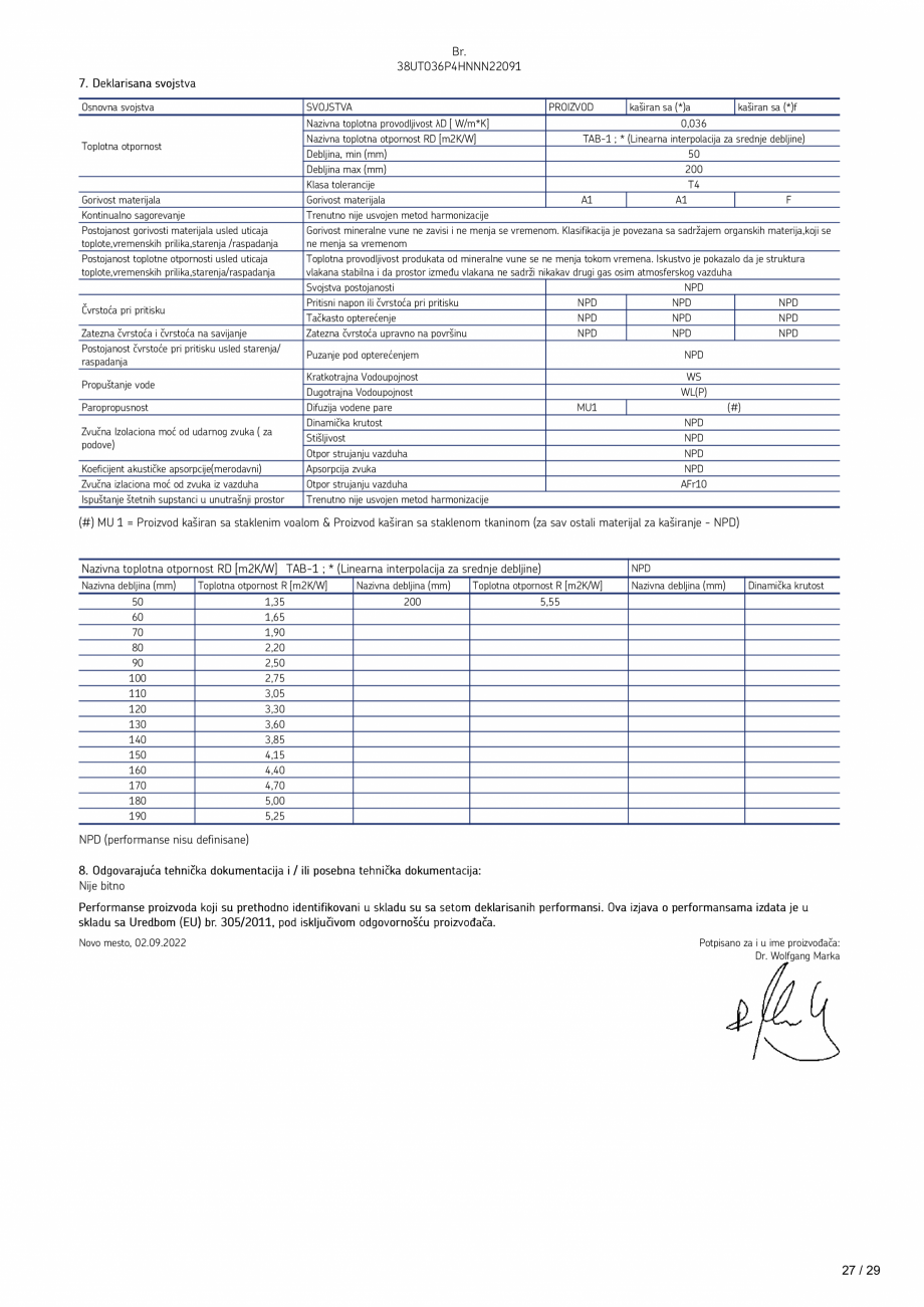 Pagina 27-Declaratie de performanta URSA TECTONIC UPh/Vv Certificare produs Romana P)-MU1-AFr10
(#) MW-EN...