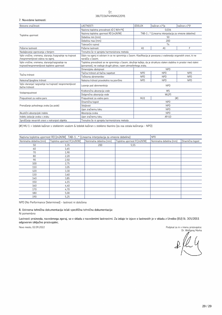 Pagina 29-Declaratie de performanta URSA TECTONIC UPh/Vv Certificare produs Romana cial del
fabricante y de la...