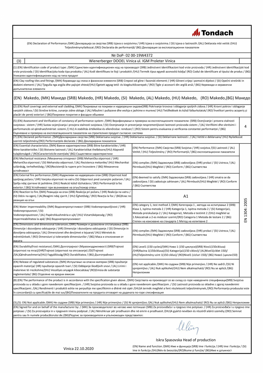 Pagina 1-Declaratie de performanta pentru tigla ceramica TONDACH Makedo Certificare produs Engleza, Maghiara,...