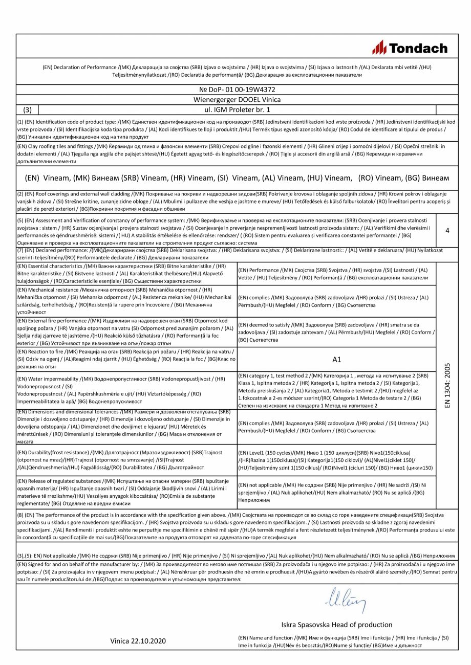 Pagina 1-Declaratie de performanta pentru tigla ceramica TONDACH Vineam Certificare produs Engleza, Maghiara,...
