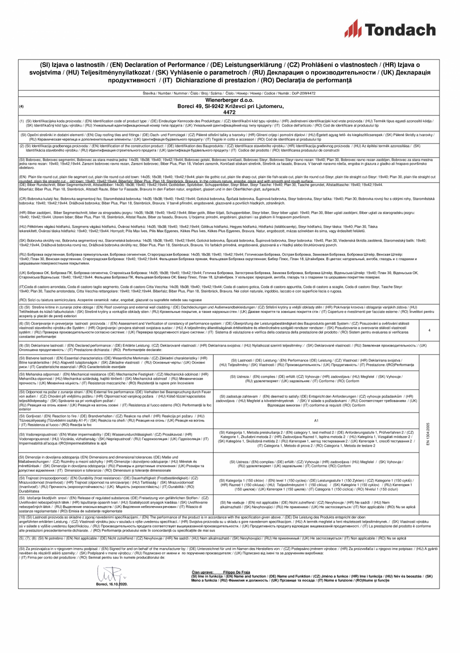 Pagina 1-Declaratie de performanta pentru tigla ceramica TONDACH Sindra, Plan 18, Plan 30, Solzi cu taietura ...