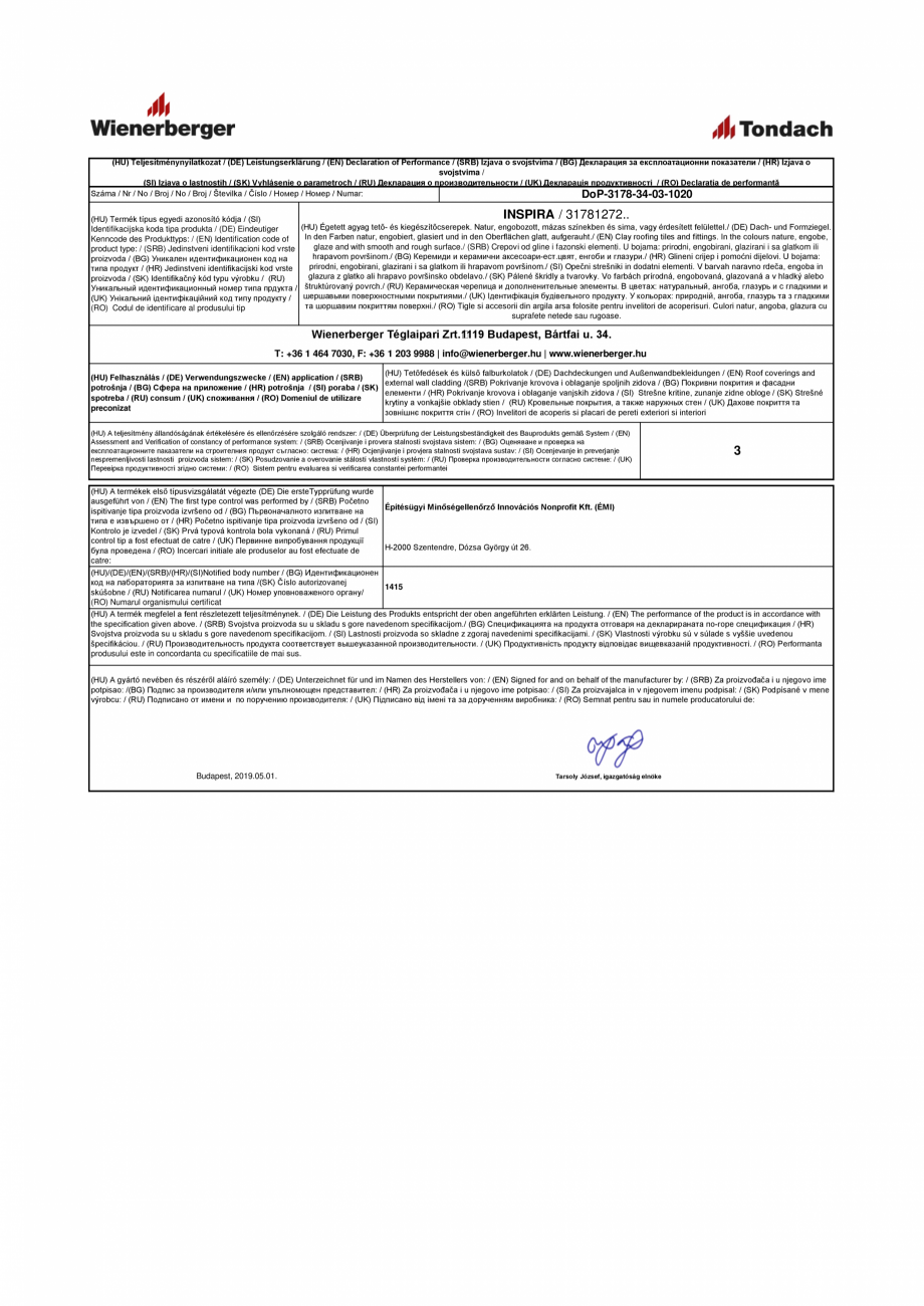 Pagina 1-Declaratie de performanta pentru tigla ceramica TONDACH Inspira Certificare produs Engleza, Maghiara...