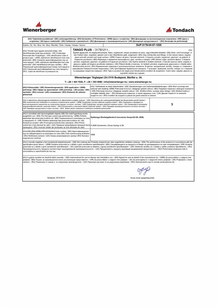 Pagina 1 - Declaratie de performanta pentru tigla ceramica  TONDACH Tango Plus  Certificare produs...
