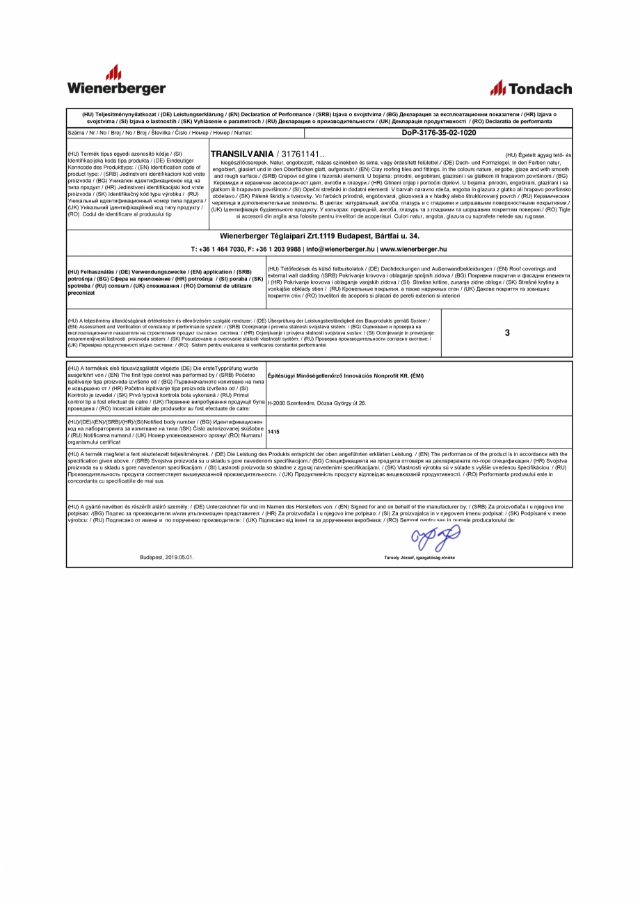 Pagina 1-Declaratie de performanta pentru tigla ceramica TONDACH Transilvania Certificare produs Engleza,...