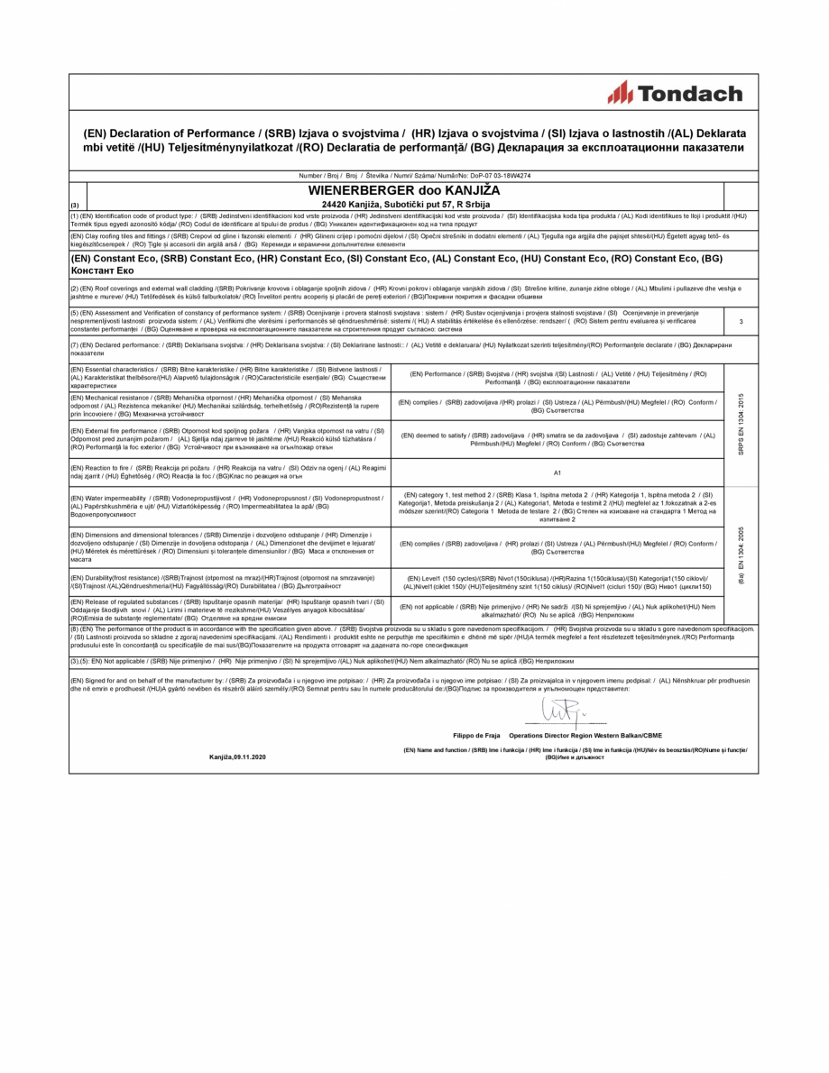 Pagina 1-Declaratie de performanta pentru tigla ceramica TONDACH Certificare produs Romana, Engleza, Maghiara...