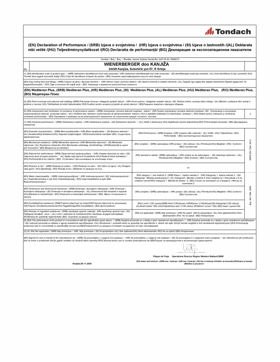 Pagina 1 - Declaratie de performanta pentru tigla ceramica TONDACH Mediteran Plus Certificare produs...