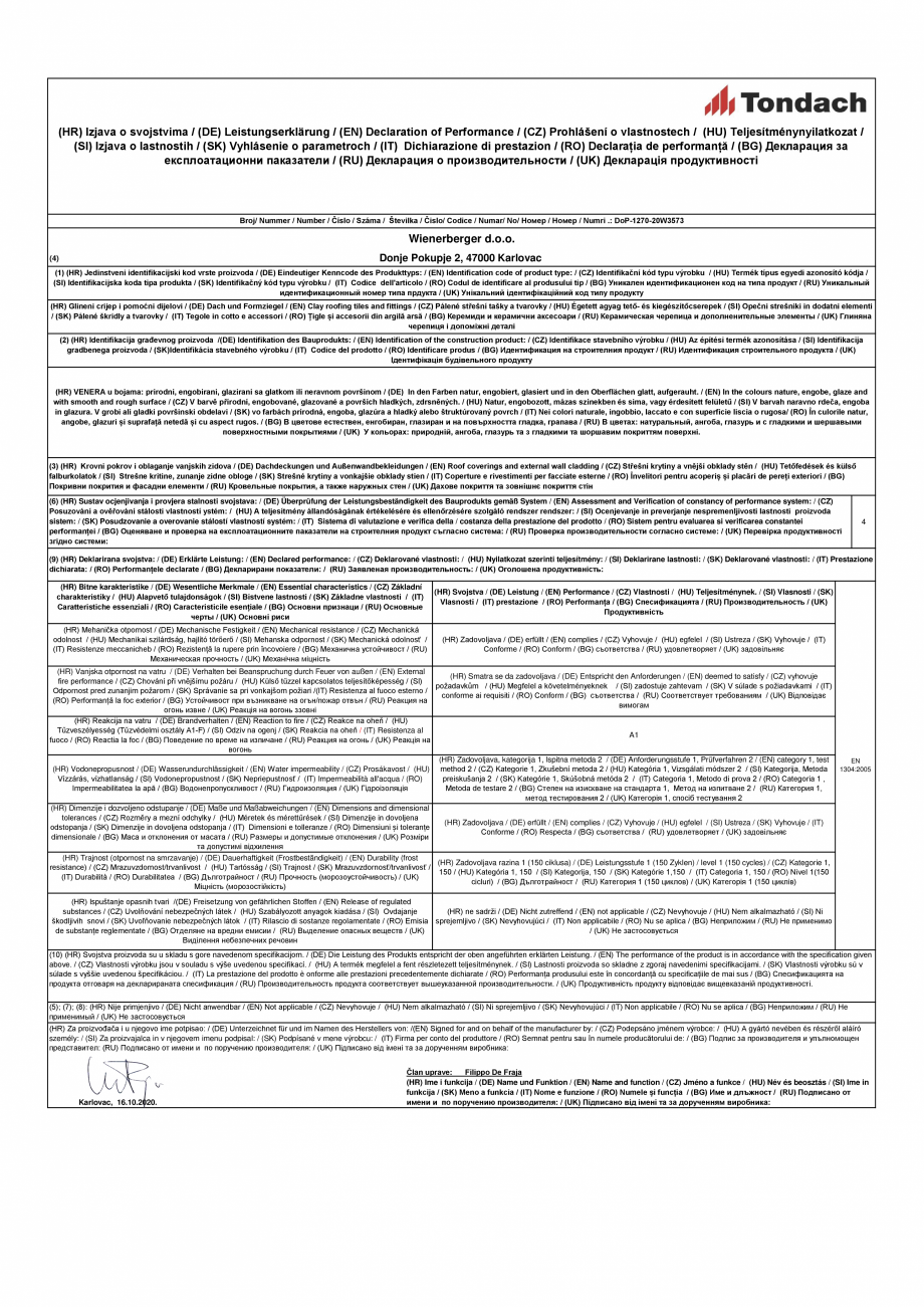 Pagina 1 - Declaratie de performanta pentru tigla ceramica TONDACH Venus Certificare produs Engleza,...