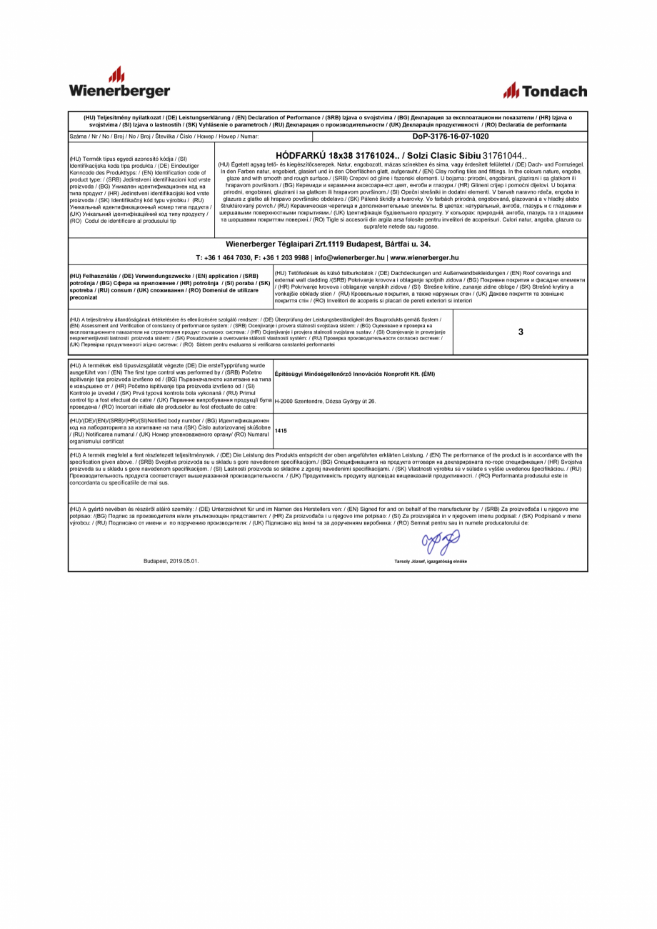 Pagina 1-Declaratie de performanta pentru tigla ceramica TONDACH Solzi Clasic Sibiu Certificare produs (HU)...