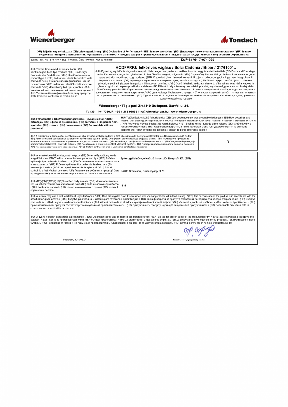 Pagina 1-Declaratie de performanta pentru tigla ceramica TONDACH Solzi Cedonia natural Certificare produs...
