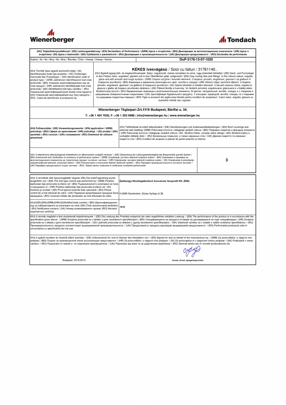 Pagina 1-Declaratie de performanta pentru tigla ceramica TONDACH Solzi cu falturi Certificare produs (HU)...