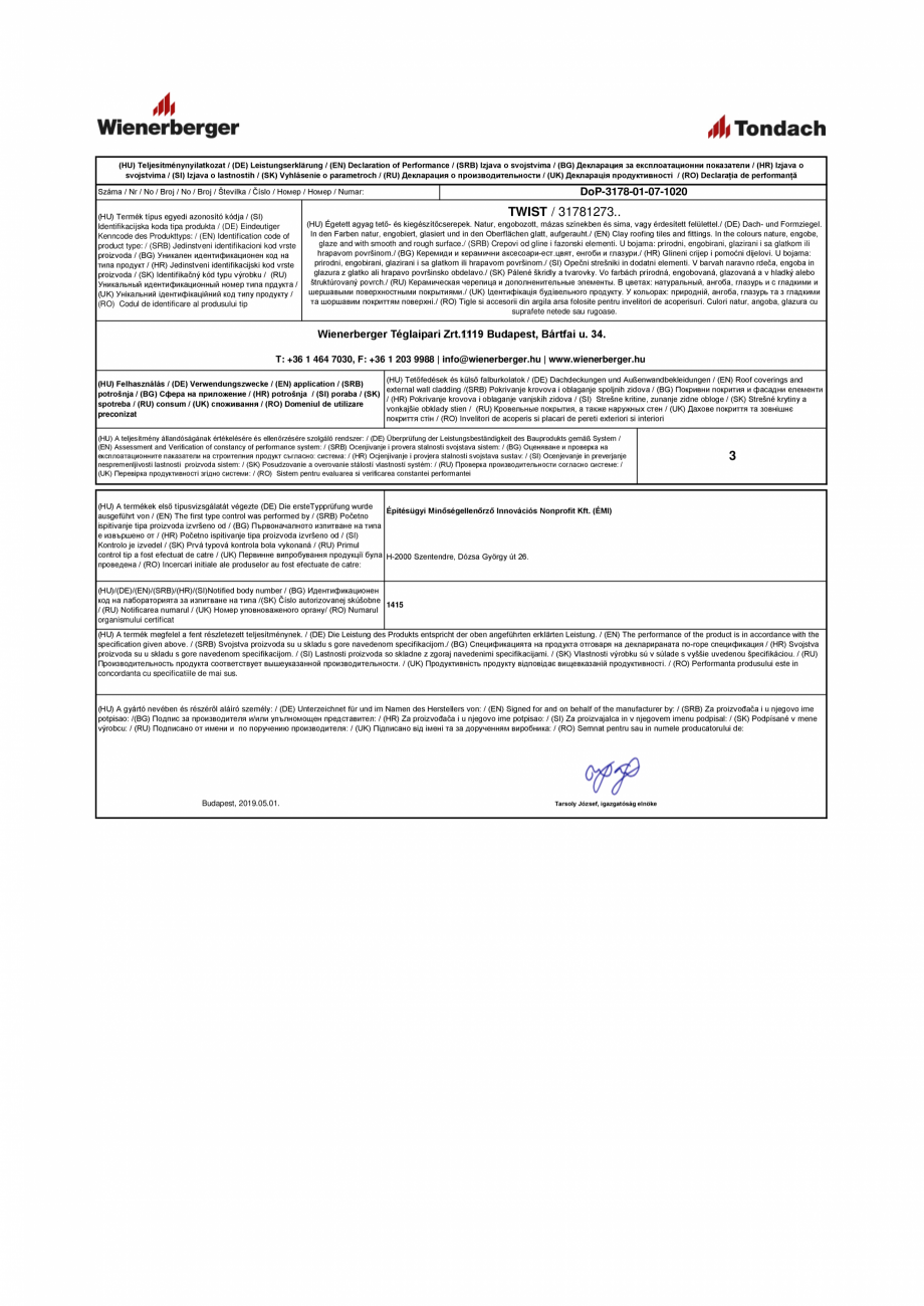 Pagina 1 - Declaratie de performanta pentru tigla ceramica TONDACH Twist Certificare produs Maghiara...