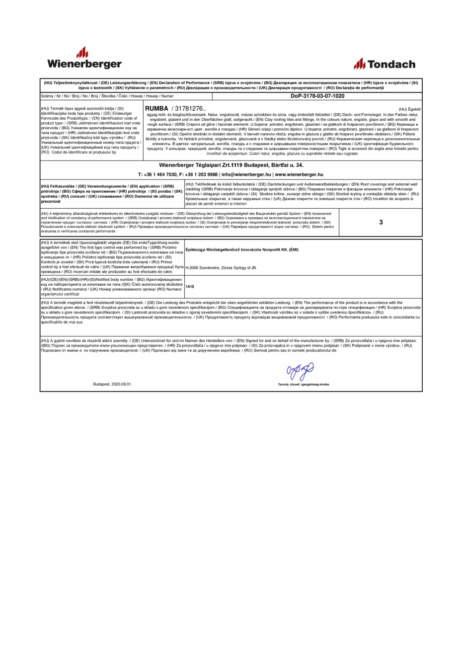 Pagina 1-Declaratie de performanta pentru tigla ceramica TONDACH Rumba Certificare produs Maghiara, Engleza, ...