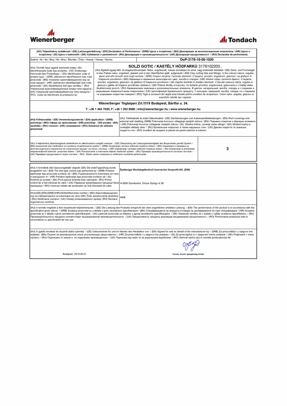 Pagina 1-Declaratie de performanta pentru tigla ceramica TONDACH Solzi Gotic Certificare produs (HU)...