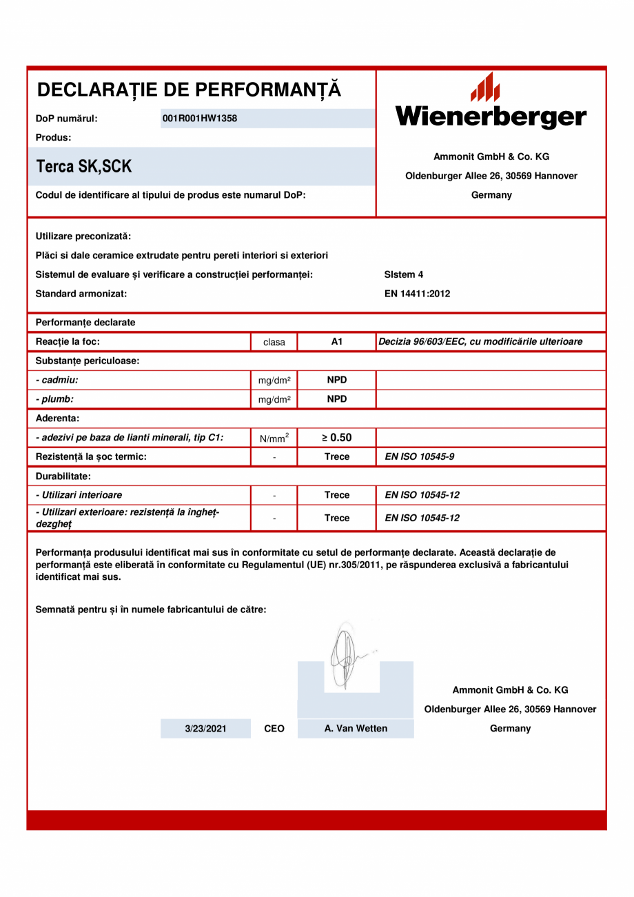 Pagina 1-Declaratie de performanta pentru placajul ceramic klinker TERCA Certificare produs Romana...