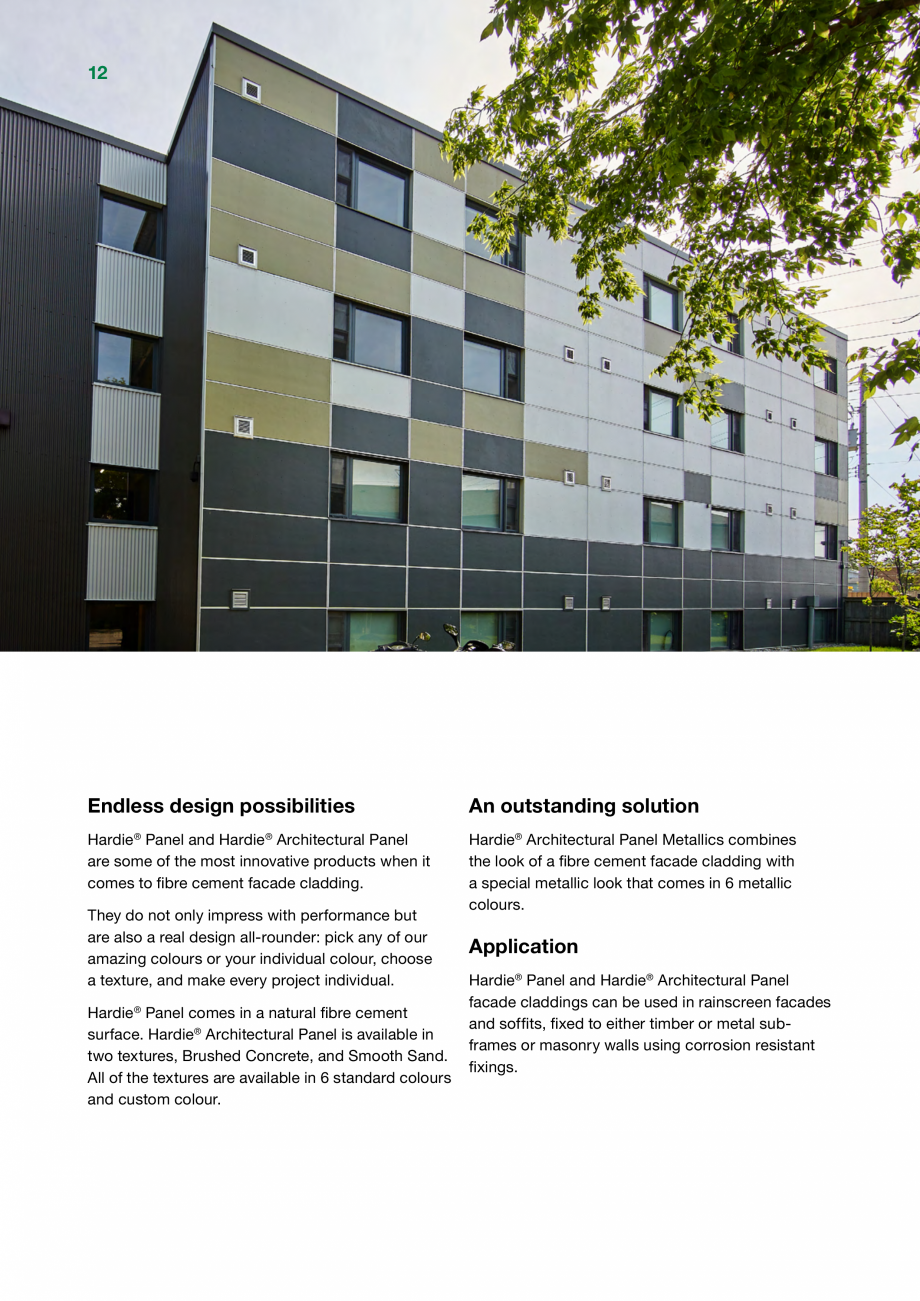 Pagina 12-Placi de fibrociment  James Hardie Panel , Architectural Panel Catalog, brosura Engleza  providing...