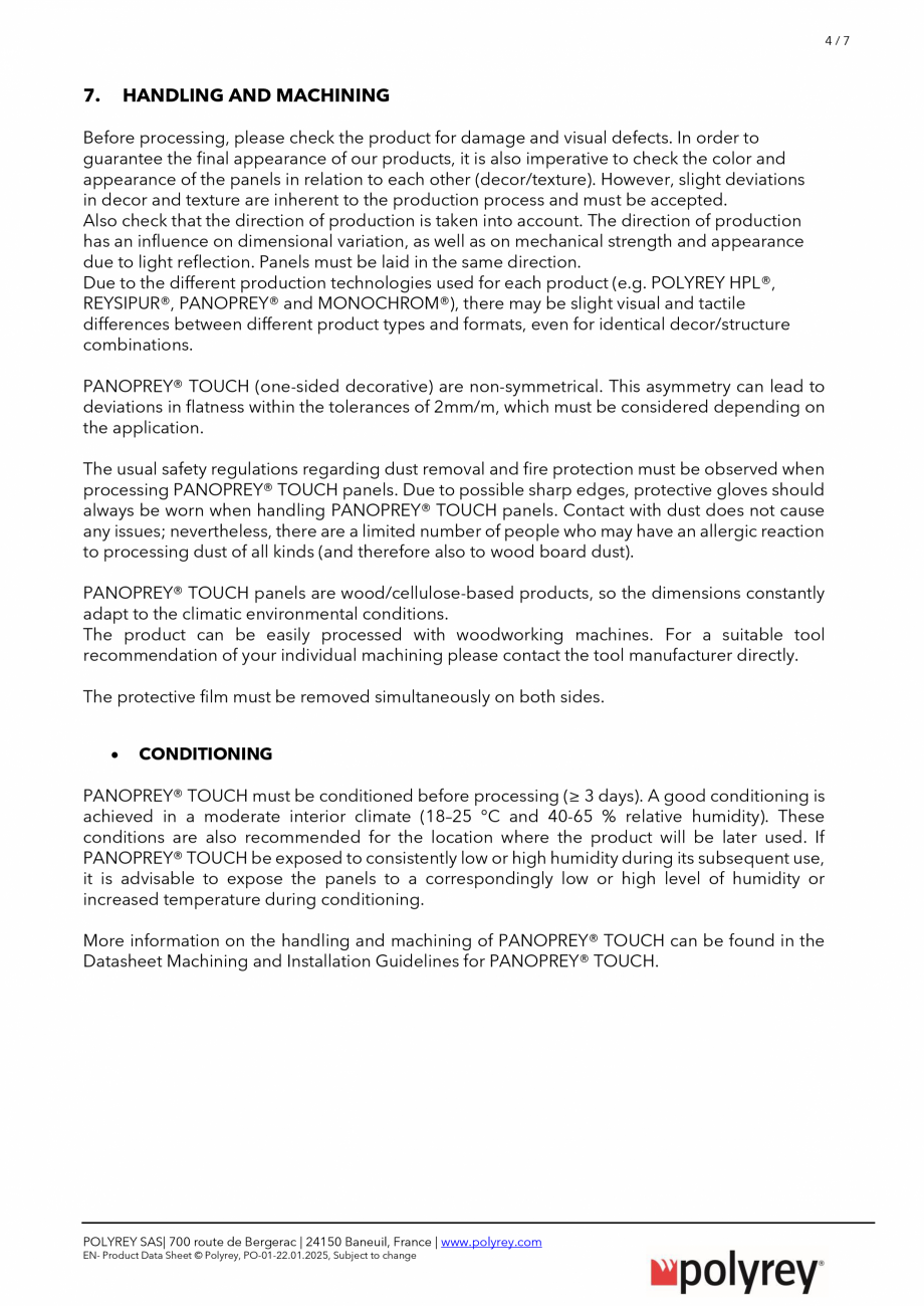 Pagina 4-Panou decorativ POLYREY PANOPREY Fisa tehnica Engleza, Franceza ty
EN 310
Internal cohesion
EN 319...