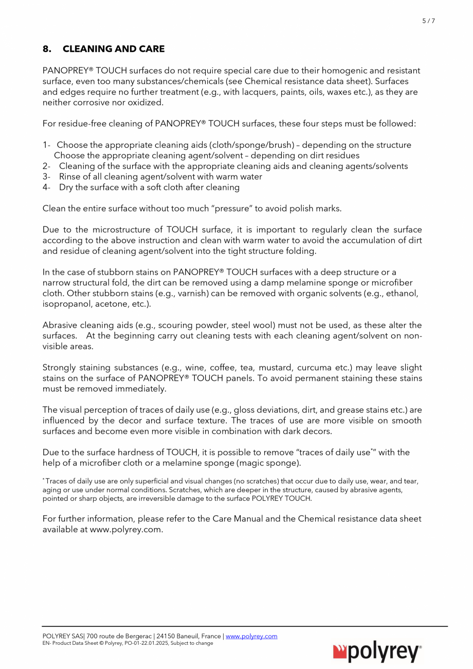 Pagina 5-Panou decorativ POLYREY PANOPREY Fisa tehnica Engleza, Franceza  Rating 1 : Surface layers...