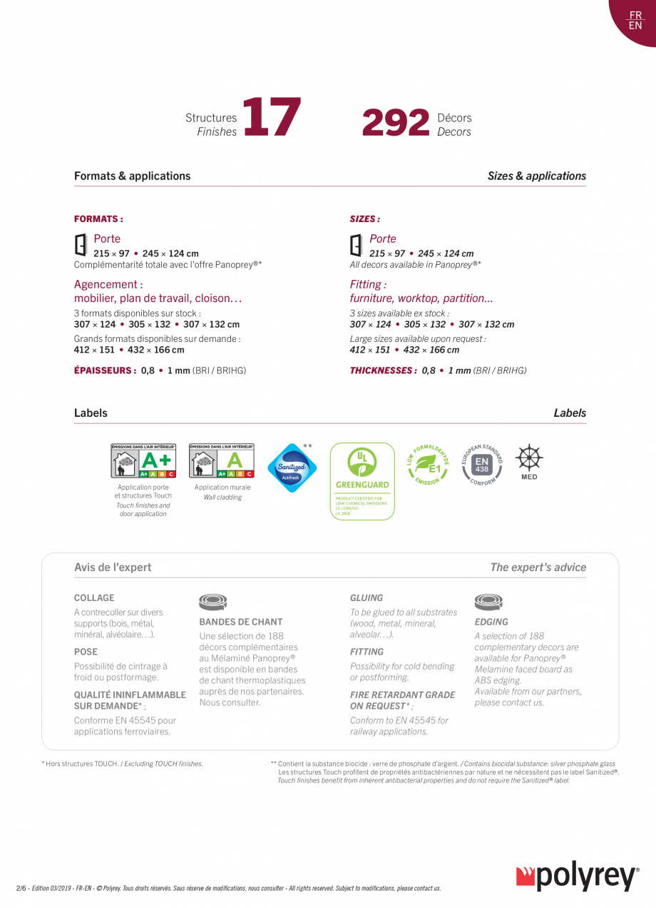 Pagina 2-Folie HPL POLYREY Fisa tehnica Engleza, Franceza e in very high-traffic
environments

•• High...