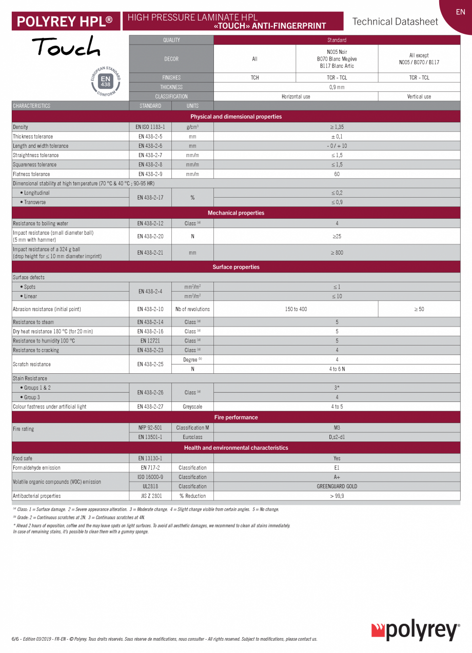 Pagina 6-Folie HPL POLYREY Fisa tehnica Engleza, Franceza N 438-2-9

mm/m

60

EN 438-2-17

%

Stabilité...