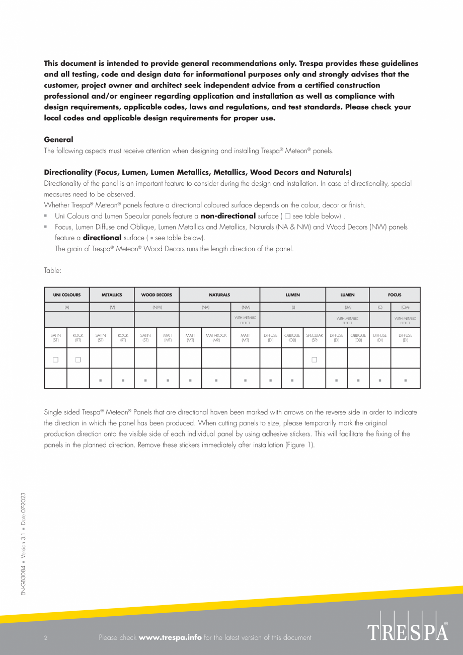 Pagina 2-Placaje HPL pentru fatade si pereti interiori - Direcția fibrei TRESPA METEON Fisa tehnica Engleza...