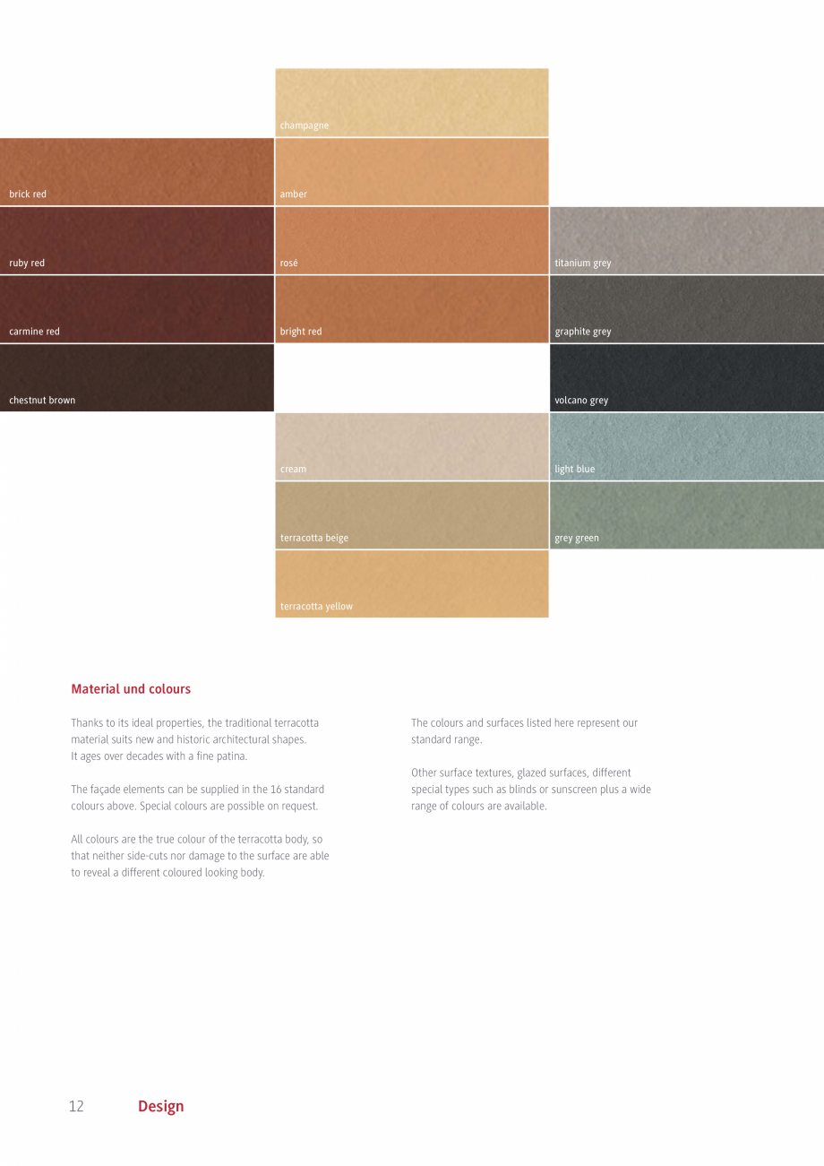 Pagina 12-Placi ceramice pentru fatada MOEDING LONGOTON Catalog, brosura Engleza 
Colour: terracotta beige...