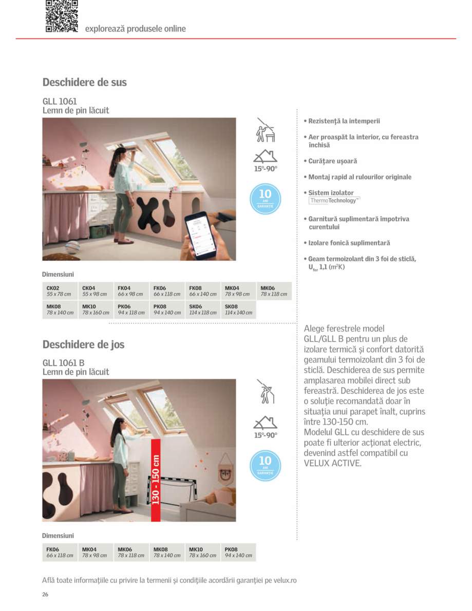 Pagina 1-Fereastra de mansarda VELUX VELUX GLL, GLL B Fisa tehnica Romana 