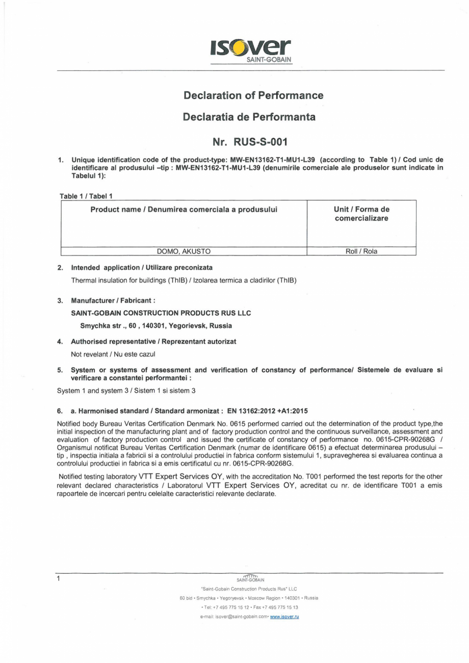 Pagina 1-Declaratie de performanta pentru saltele comprimate si rulate din vata minerala de sticla ISOVER...