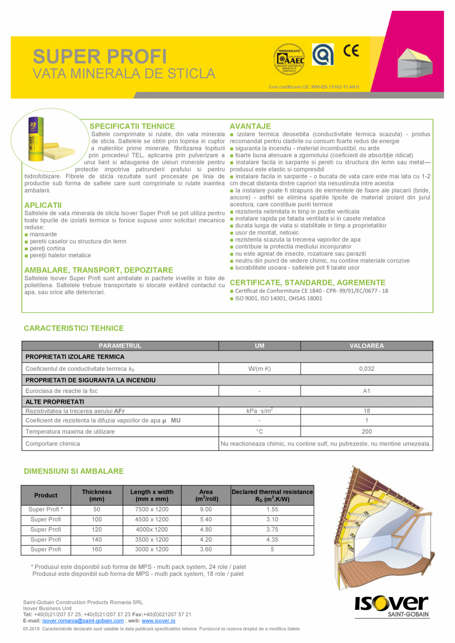 Pagina 1-Saltele comprimate si rulate, din vata minerala ISOVER SUPER PROFI  Fisa tehnica Romana SUPER PROFI
...
