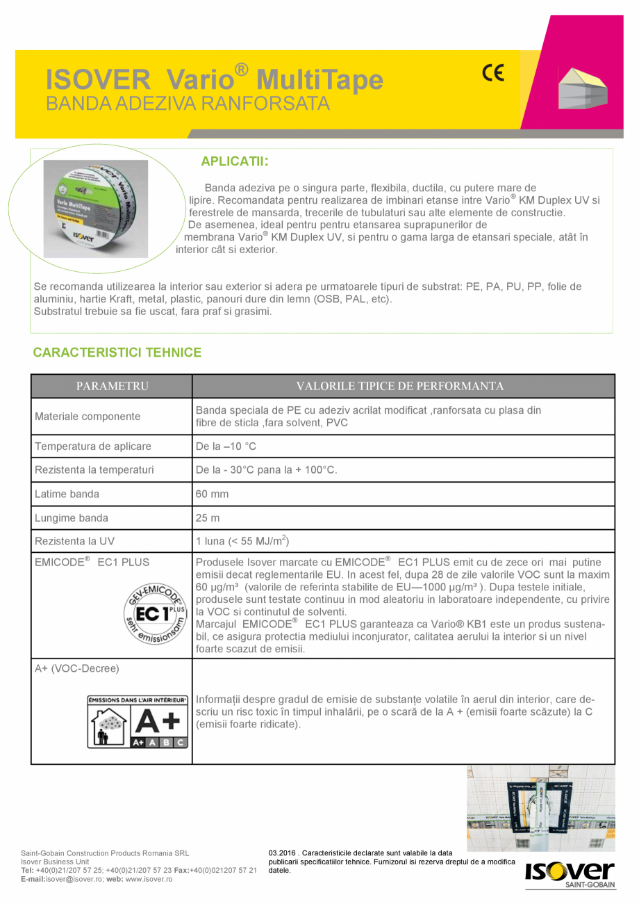 Pagina 1-Banda adeziva ranforsata ISOVER VARIO®  MULTITAPE ISOVER SISTEM VARIO® Fisa tehnica Romana...
