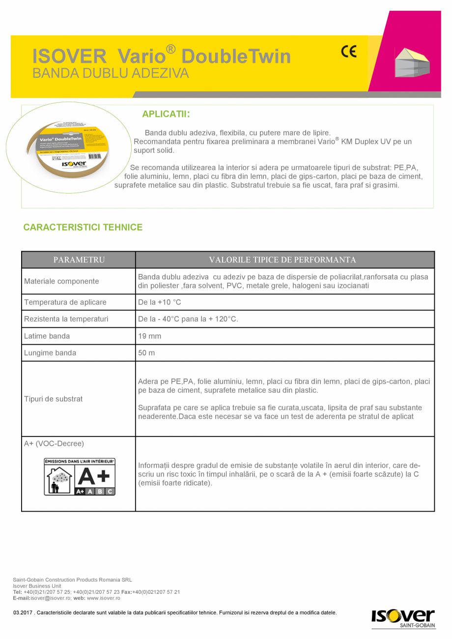 Pagina 1-Banda dublu adeziva ISOVER VARIO® DoubleTwin ISOVER SISTEM VARIO® Fisa tehnica Romana ISOVER...