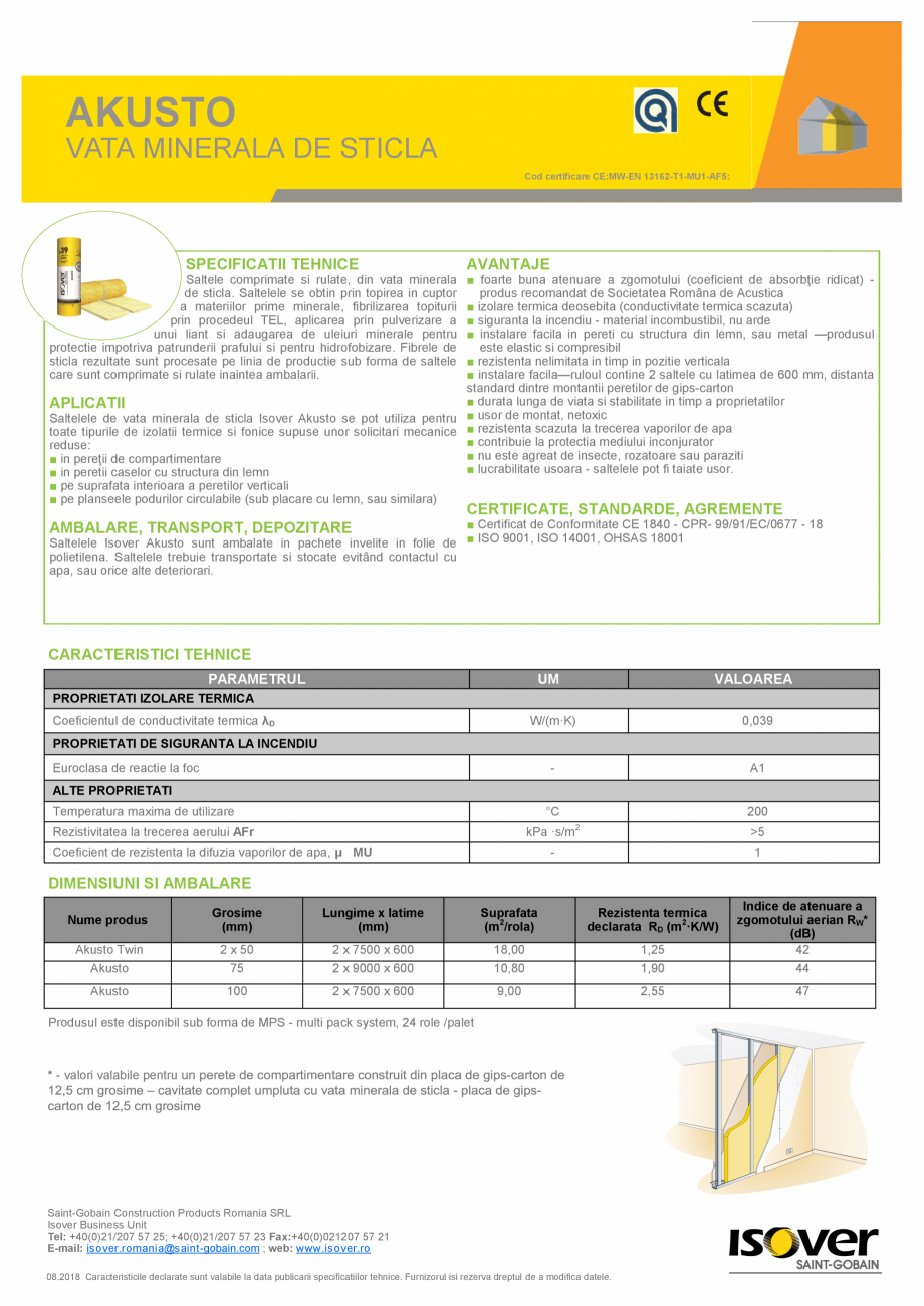 Pagina 1-Saltele comprimate si rulate, din vata minerala de sticla ISOVER AKUSTO Fisa tehnica Romana AKUSTO

...