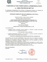 Certificat de constanta a performantei pentru produse fabricate din vata minerala de sticla