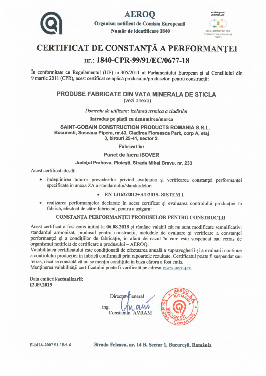 Pagina 1-Certificat de constanta a performantei pentru produse fabricate din vata minerala de sticla ISOVER...