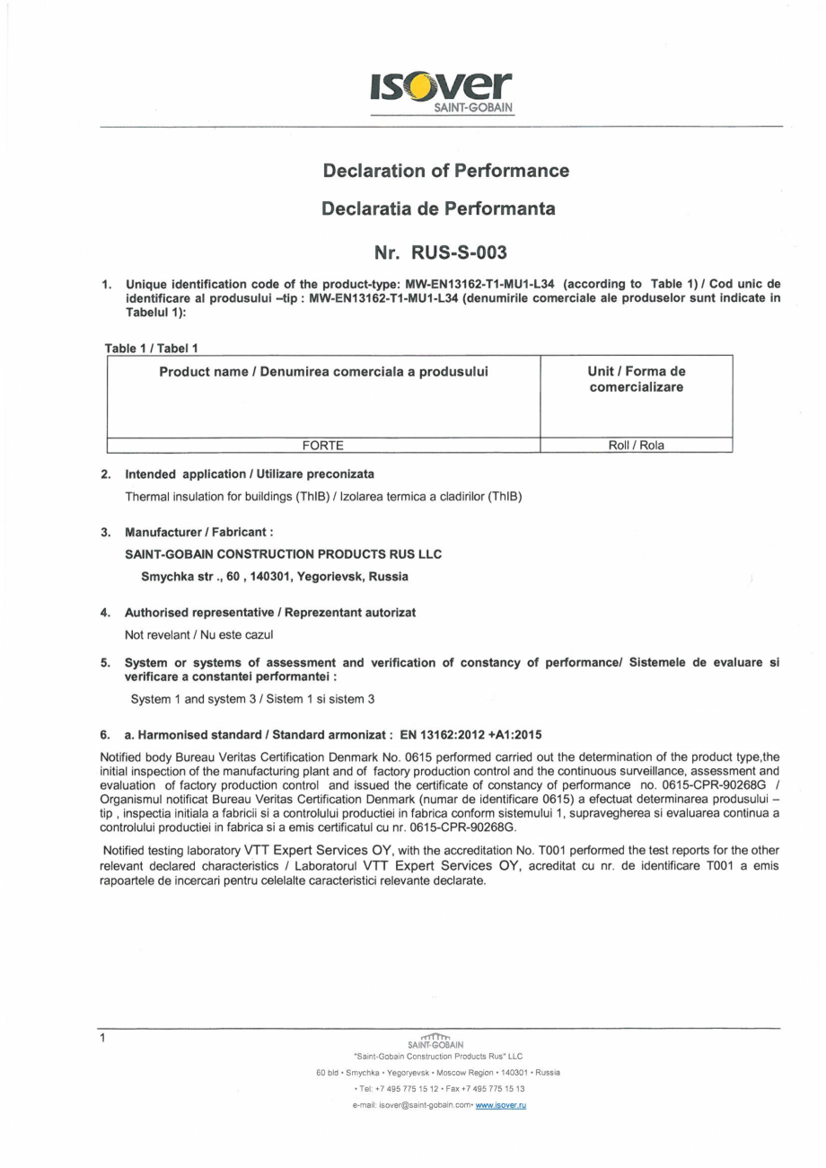 Pagina 1-Declaratie de performanta pentru vata minerala de sticla ISOVER FORTE (ROLA) Certificare produs...