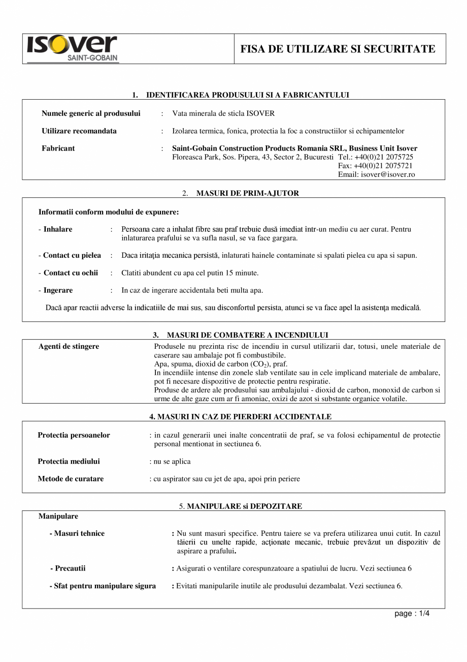 Pagina 1 - Fisa de utilizare si securitate pentru vata de sticla ISOVER DOMO, FORTE (ROLA), UNIROLL ...
