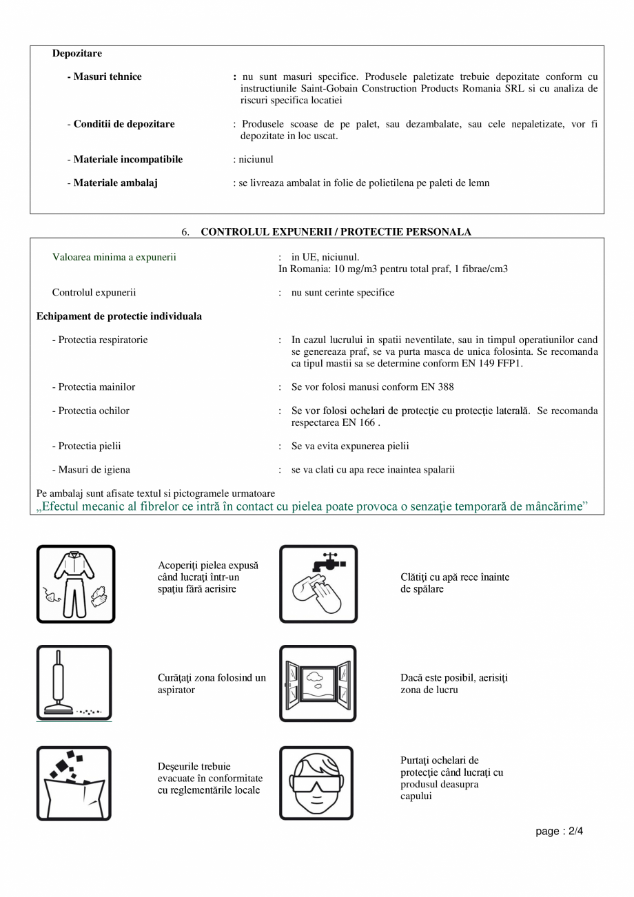Pagina 2 - Fisa de utilizare si securitate pentru vata de sticla ISOVER DOMO, FORTE (ROLA), UNIROLL ...