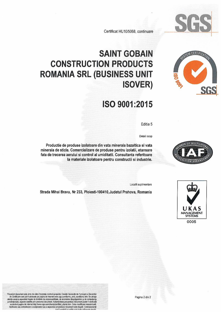 Pagina 2 - Certificat ISO 9001:2015 pentru vata minerala ISOVER DOMO, FORTE (ROLA), UNIROLL PLUS,...