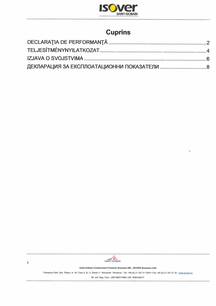 Pagina 1 - Declaratie de performanta pentru vata minerala de sticla ISOVER UNIROLL PLUS Certificare ...