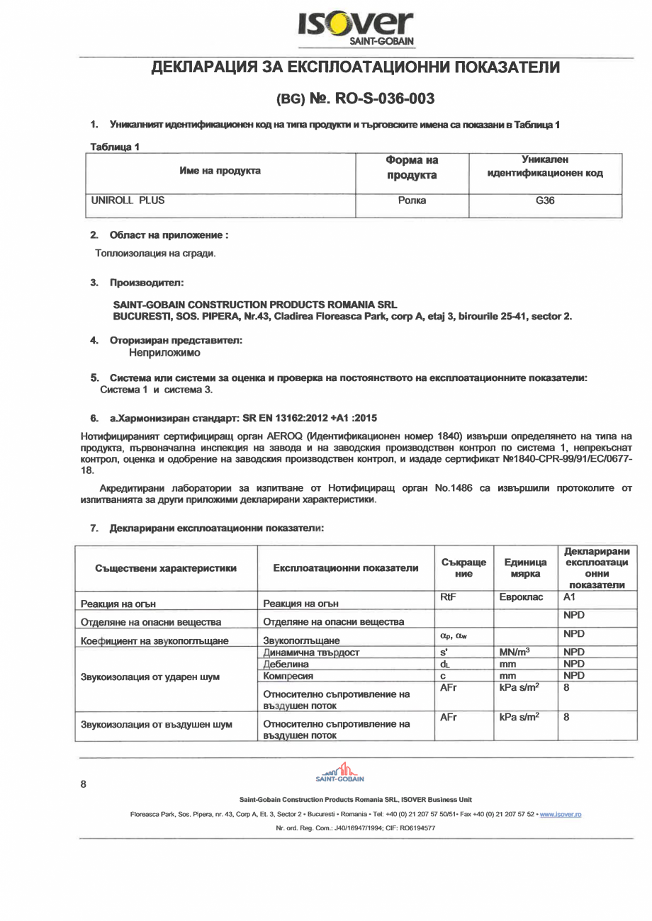 Pagina 8 - Declaratie de performanta pentru vata minerala de sticla ISOVER UNIROLL PLUS Certificare ...