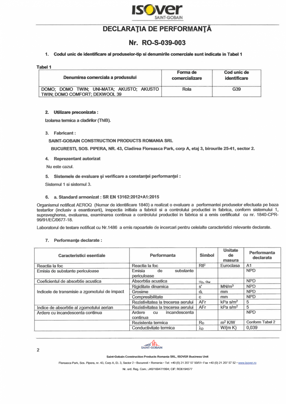Pagina 2 - Declaratie de performanta pentru vata minerala de sticla ISOVER DOMO Certificare produs...