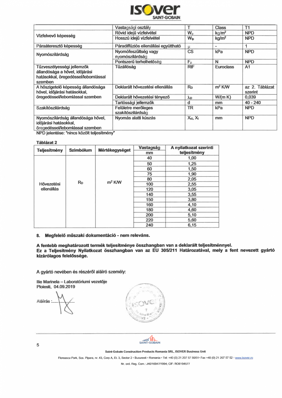 Pagina 5 - Declaratie de performanta pentru vata minerala de sticla ISOVER DOMO Certificare produs...