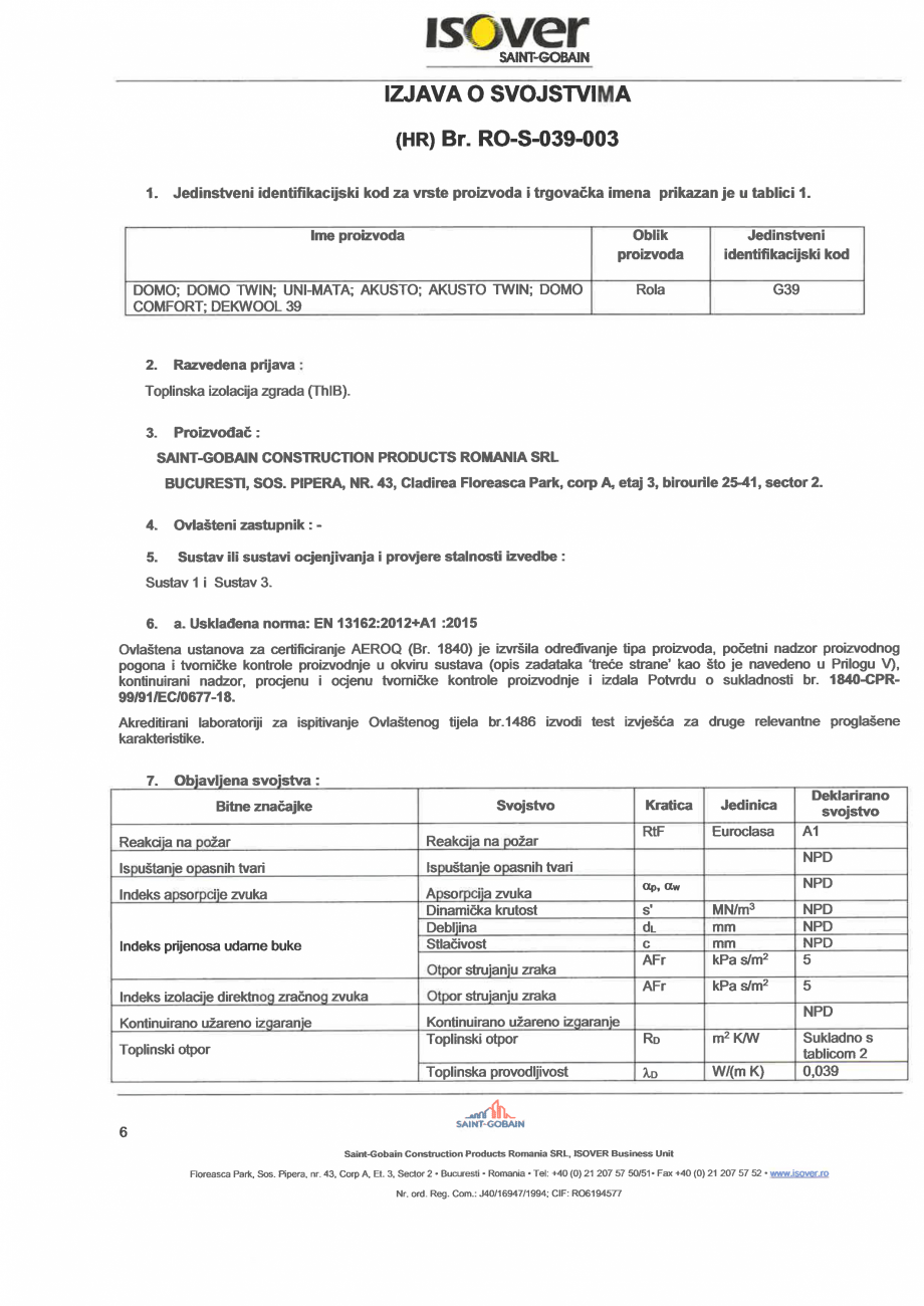 Pagina 6 - Declaratie de performanta pentru vata minerala de sticla ISOVER DOMO Certificare produs...