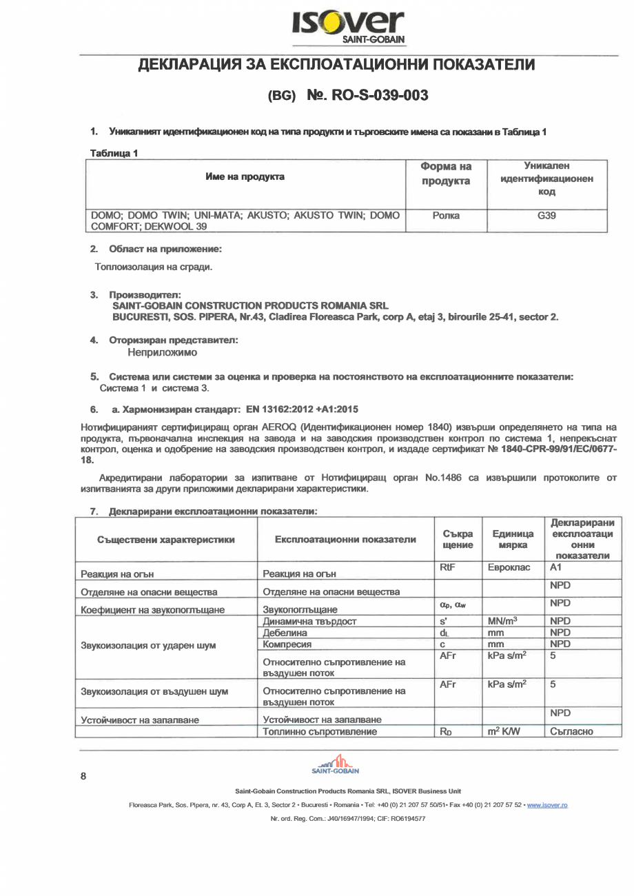 Pagina 8 - Declaratie de performanta pentru vata minerala de sticla ISOVER DOMO Certificare produs...
