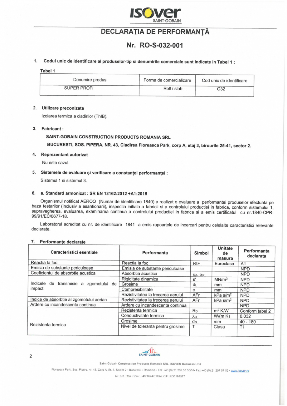 Pagina 2 - Declaratie de performanta pentru vata minerala de sticla ISOVER SUPER PROFI Certificare...