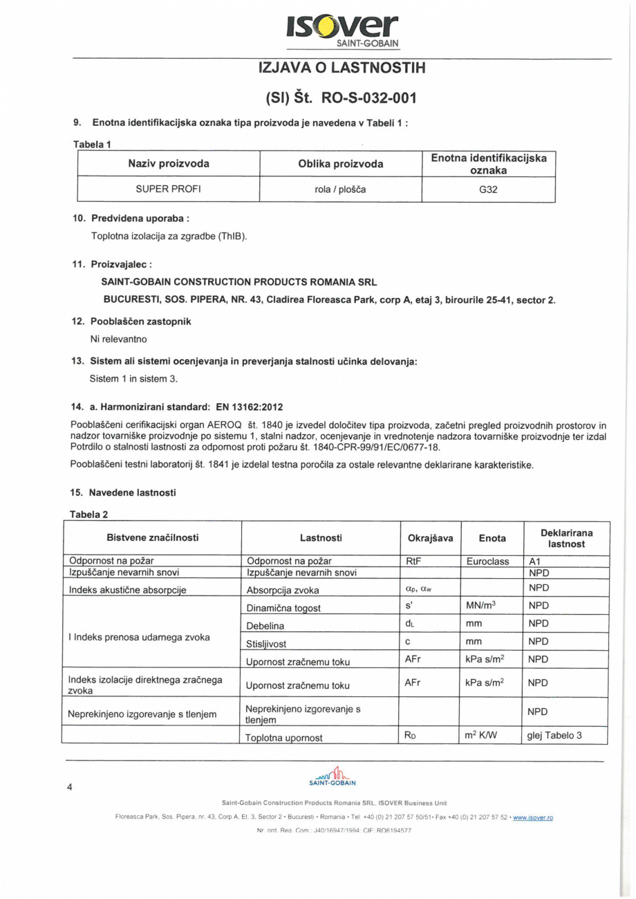 Pagina 4 - Declaratie de performanta pentru vata minerala de sticla ISOVER SUPER PROFI Certificare...