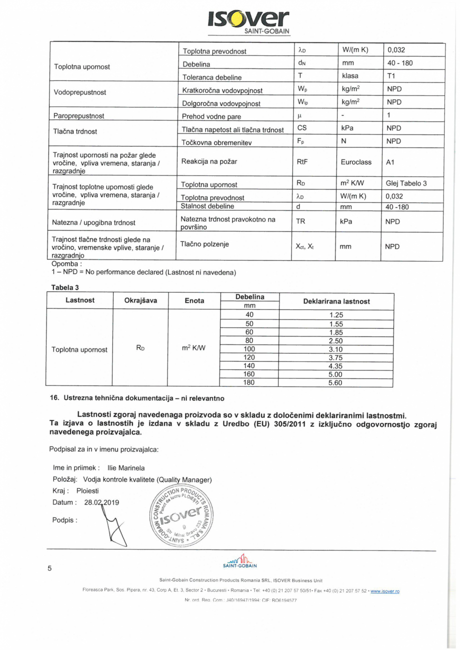 Pagina 5 - Declaratie de performanta pentru vata minerala de sticla ISOVER SUPER PROFI Certificare...