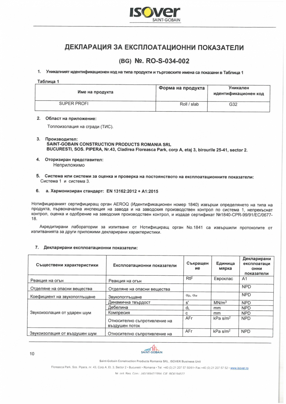 Pagina 10 - Declaratie de performanta pentru vata minerala de sticla ISOVER SUPER PROFI Certificare ...