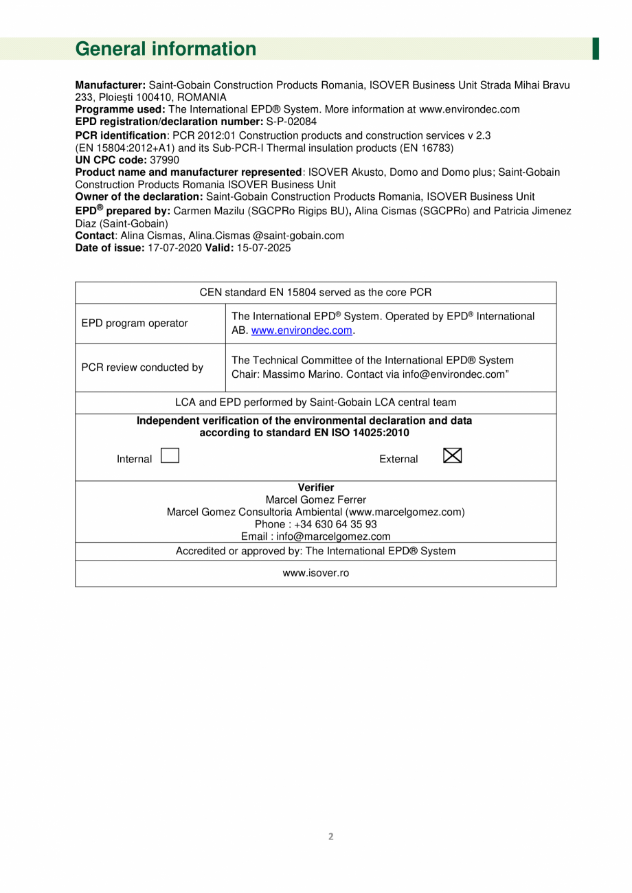 Pagina 2 - Declaratie de mediu pentru vata de sticla ISOVER DOMO Certificare produs Engleza Gobain...