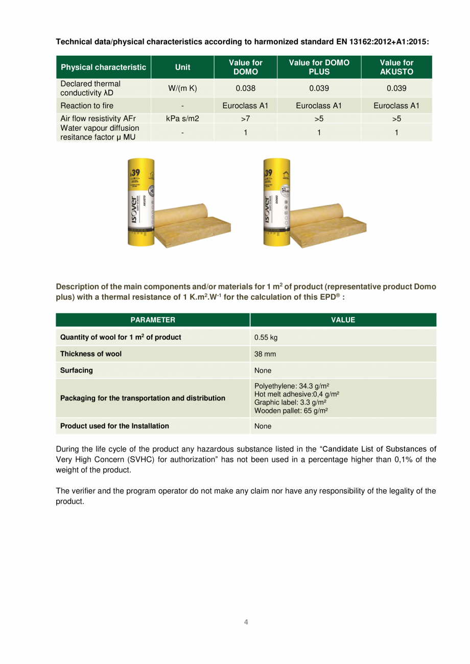 Pagina 4 - Declaratie de mediu pentru vata de sticla ISOVER DOMO Certificare produs Engleza...